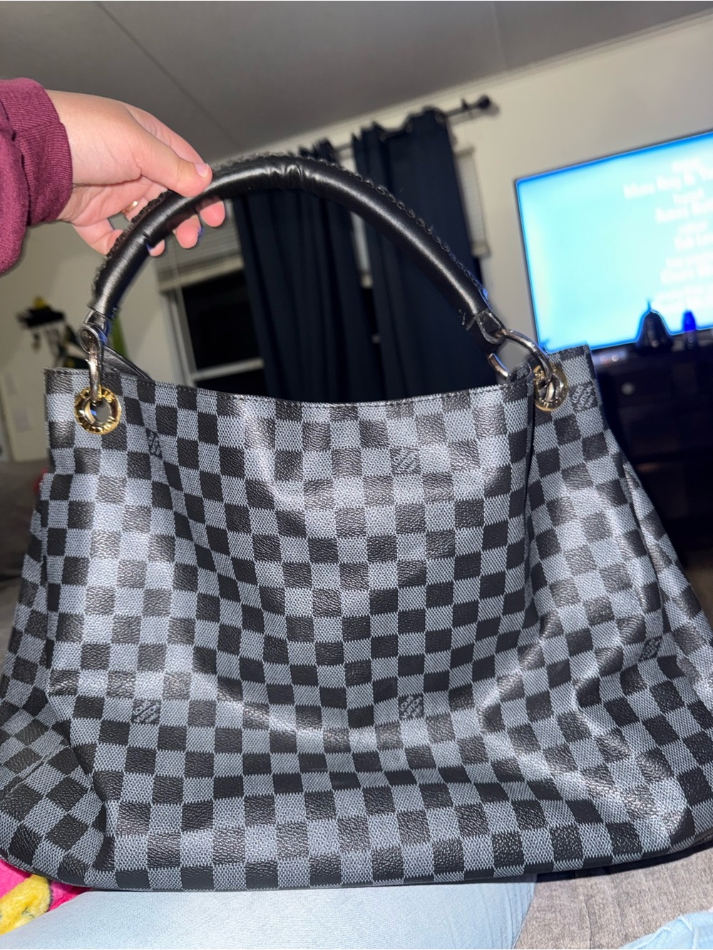 Louis Vuitton Damier-Style Shoulder Bag – Black/Gray with Blue Interior